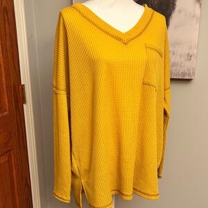 Yellow V-Neck Waffle Knit Top